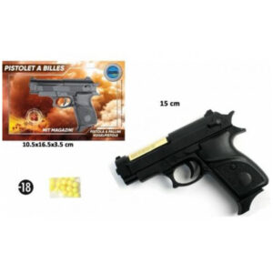 Pistolet billes joules : 0,4 Taille article : 15 cms Taille boîte : 10,5 x 16,5