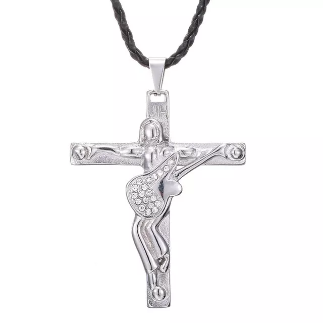 JOHNNY HALLYDAY PENDENTIF CROIX & GUITARE 6 x 4 cm L'ORIGINAL ! Couleur Argent NEUF – Image 3